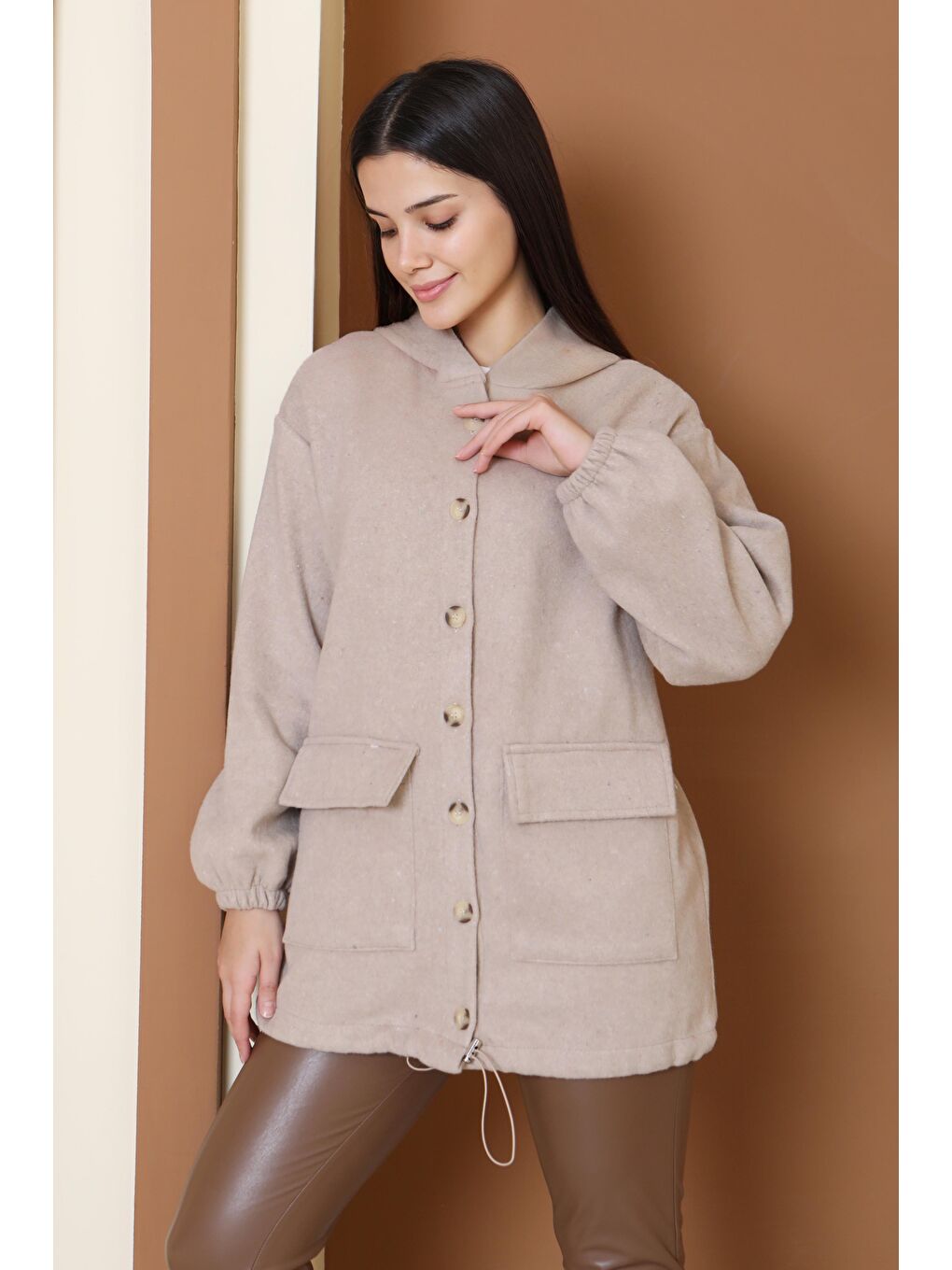 Çift Cepli Bileği Lastikli Kaşe Mont Bej - 28034-BEJ-1