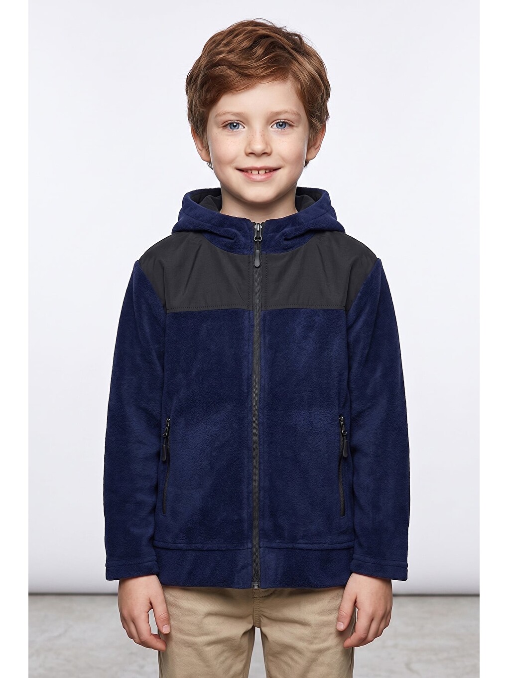 Lacivert Paraşüt Kumaş Detaylı Kapüşonlu Polar Erkek Çocuk Sweatshirt-1