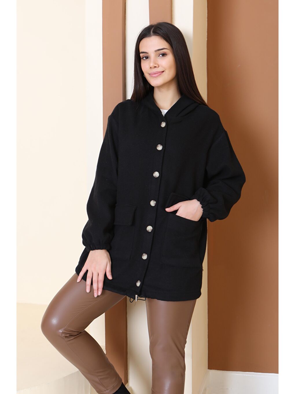 Çift Cepli Bileği Lastikli Kaşe Mont Siyah - 28034-SIYAH