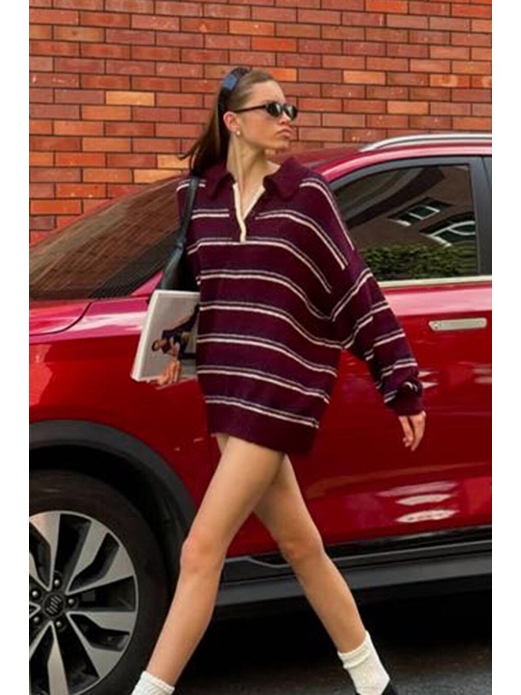 Bordo Çizgili Düğmeli Polo Yaka Kazak Mg2357