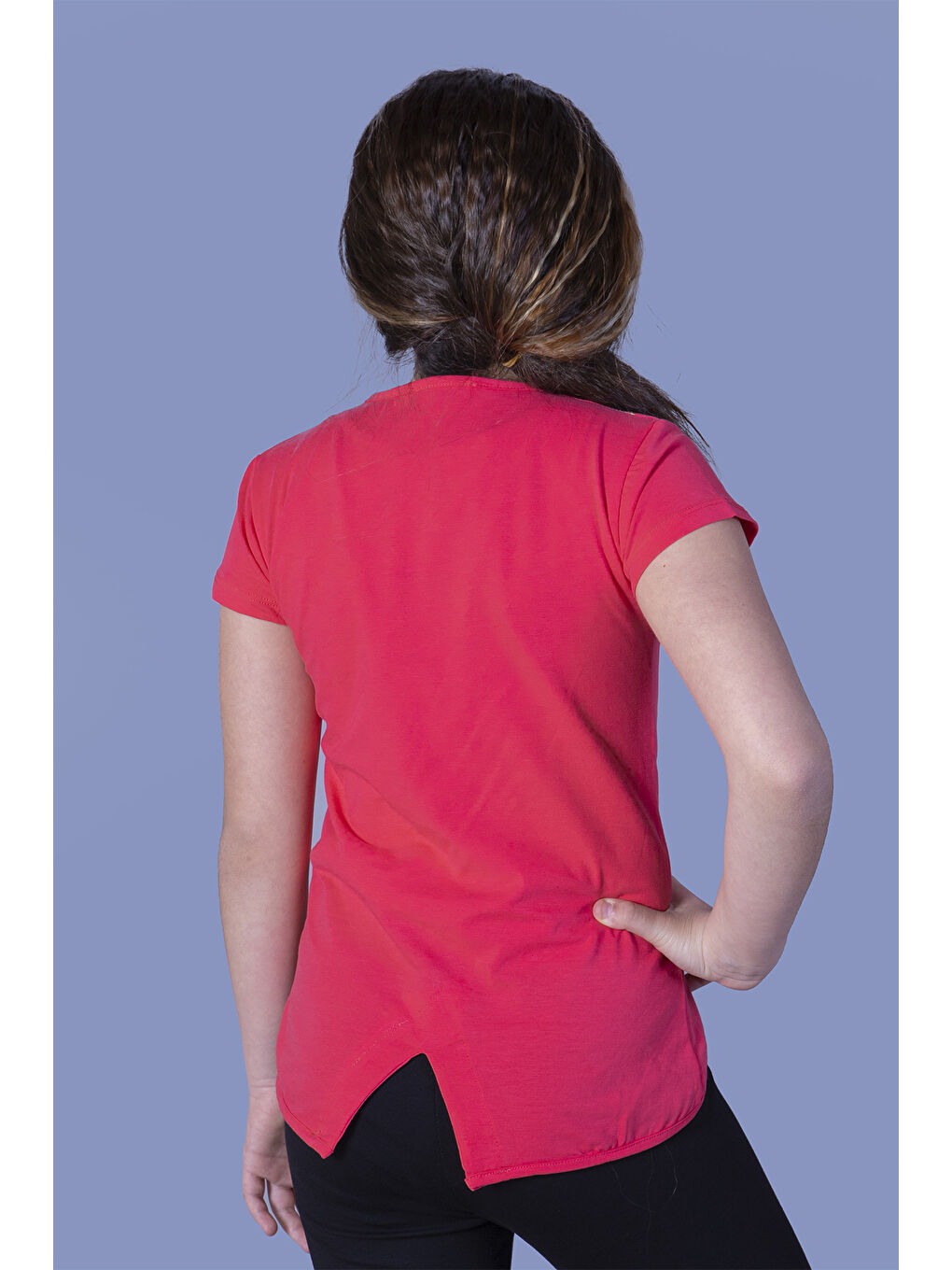 Kırmızı Kız Çocuk Varak Baskılı Taş İşlemeli Tişört-1