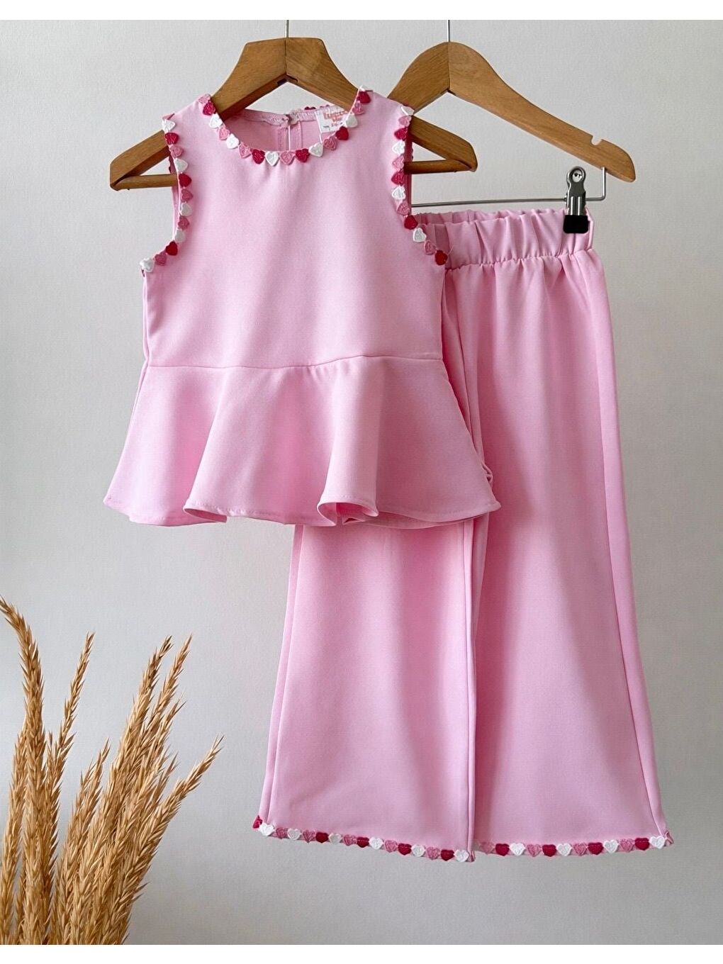 Kız Çocuk Pamuklu Pembe Kalp Detaylı Bluz Pantolon Takım-1