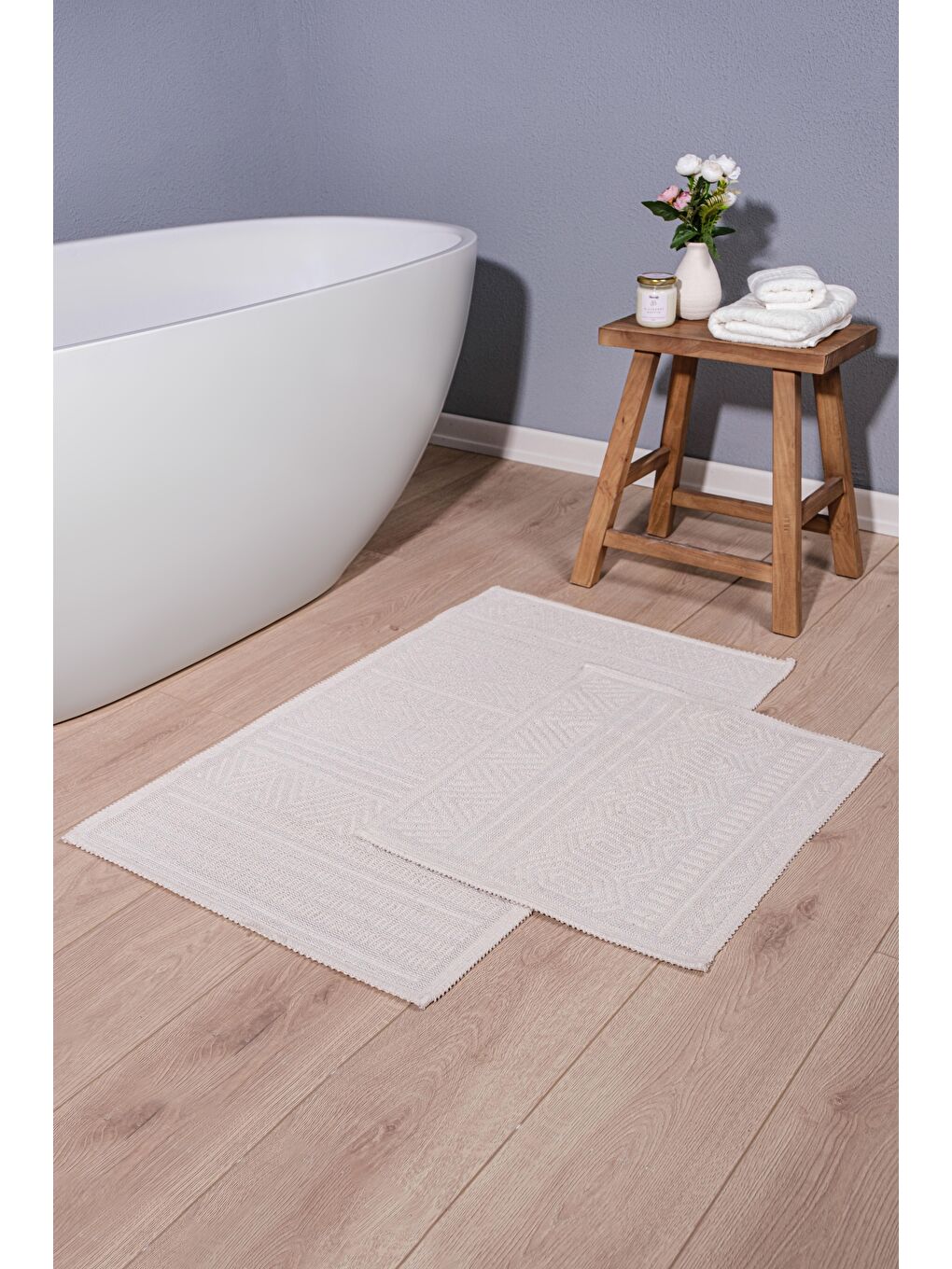 Hat Doğal Pamuklu 2'li Banyo Paspas Seti 60x100+50x60 Cm - Ekru