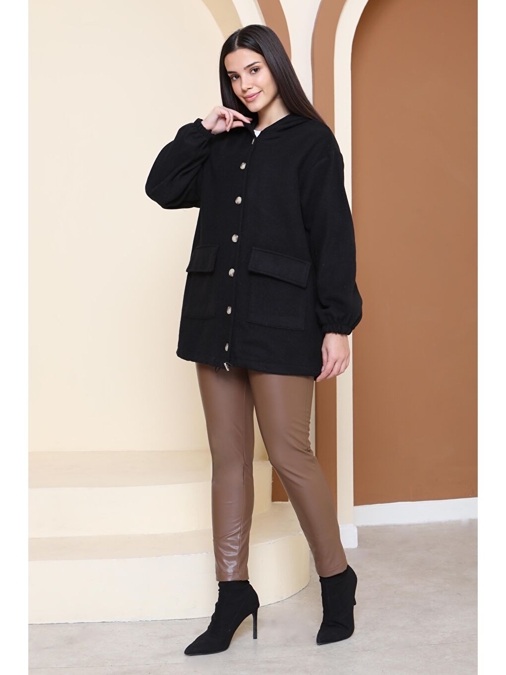 Çift Cepli Bileği Lastikli Kaşe Mont Siyah - 28034-SIYAH-2