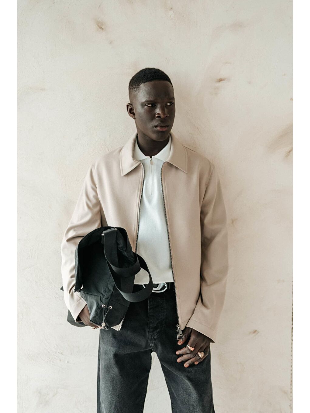 Erkek Relaxed Fit Fermuarlı İnce Yağlı Görünümlü Ceket Bej-1