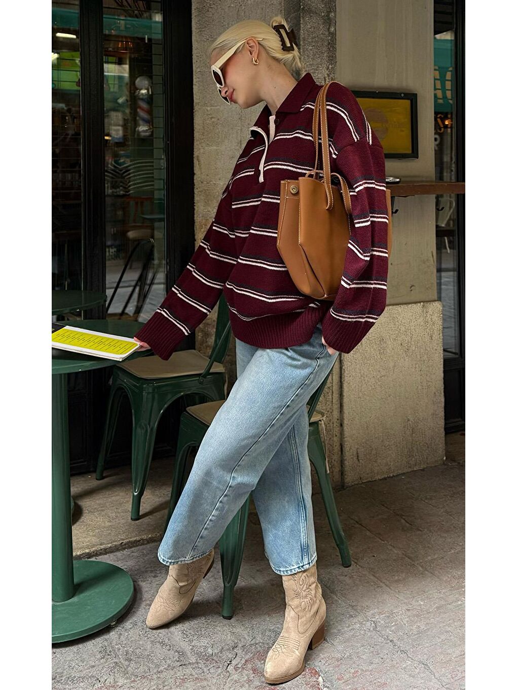 Bordo Çizgili Düğmeli Polo Yaka Kazak Mg2357-1