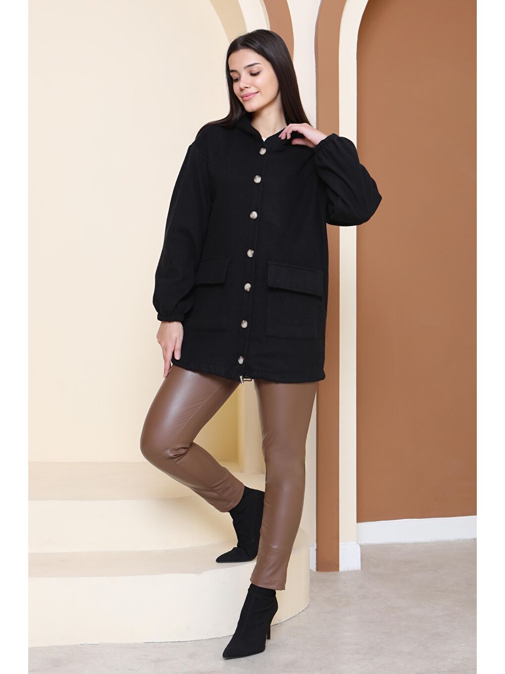 Çift Cepli Bileği Lastikli Kaşe Mont Siyah - 28034-SIYAH-3