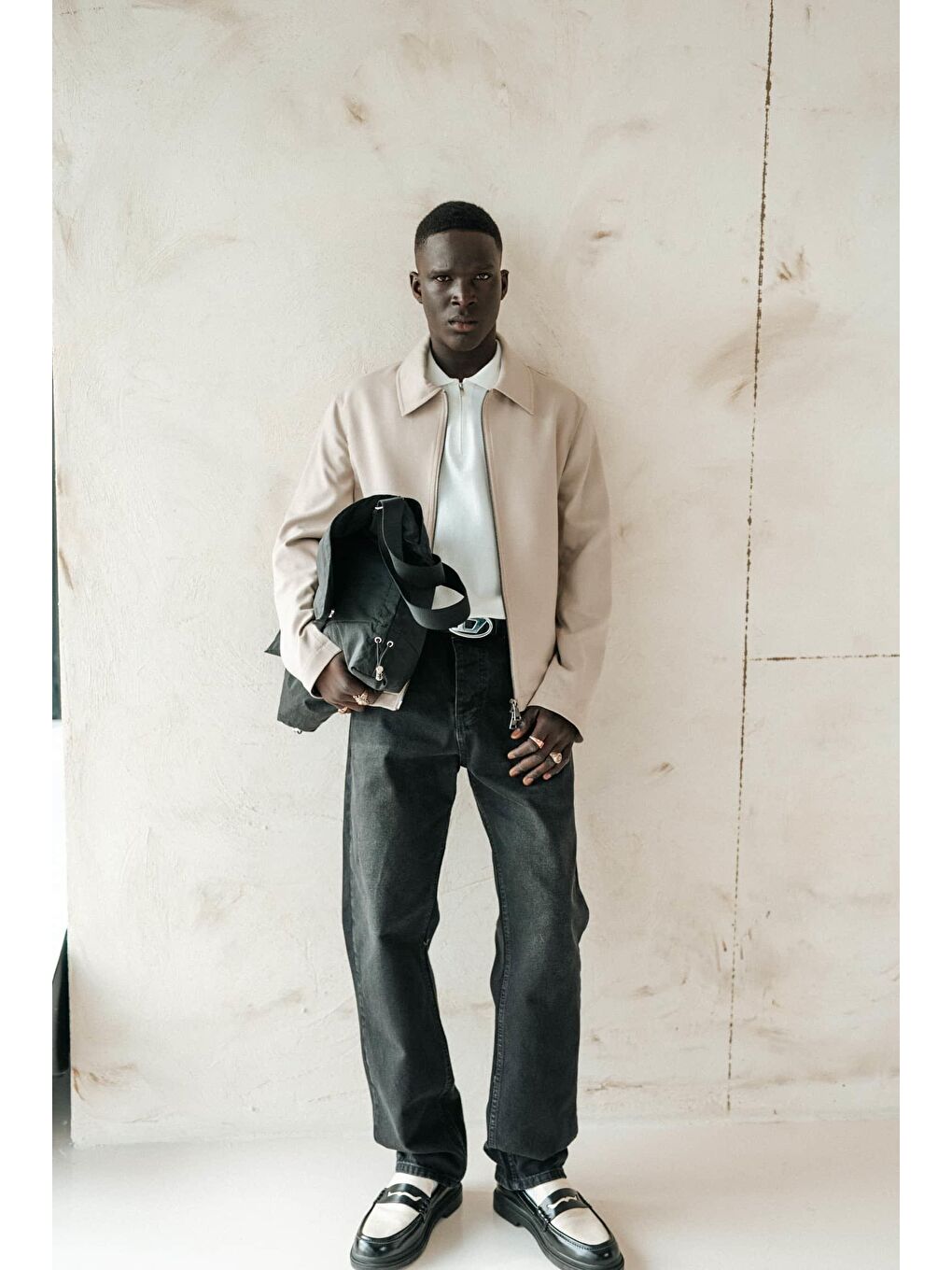 Erkek Relaxed Fit Fermuarlı İnce Yağlı Görünümlü Ceket Bej-2