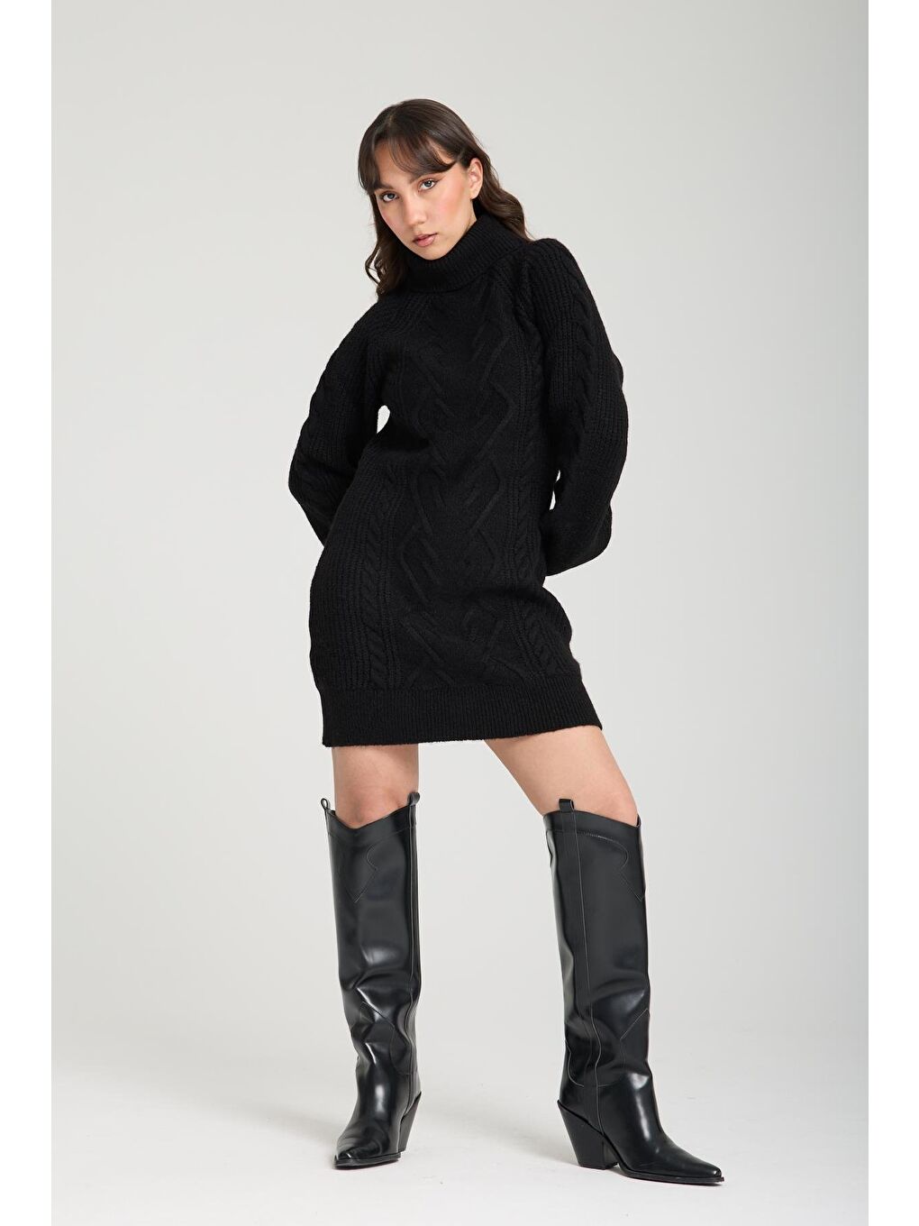 Siyah Balıkçı Yaka Triko Elbise-1