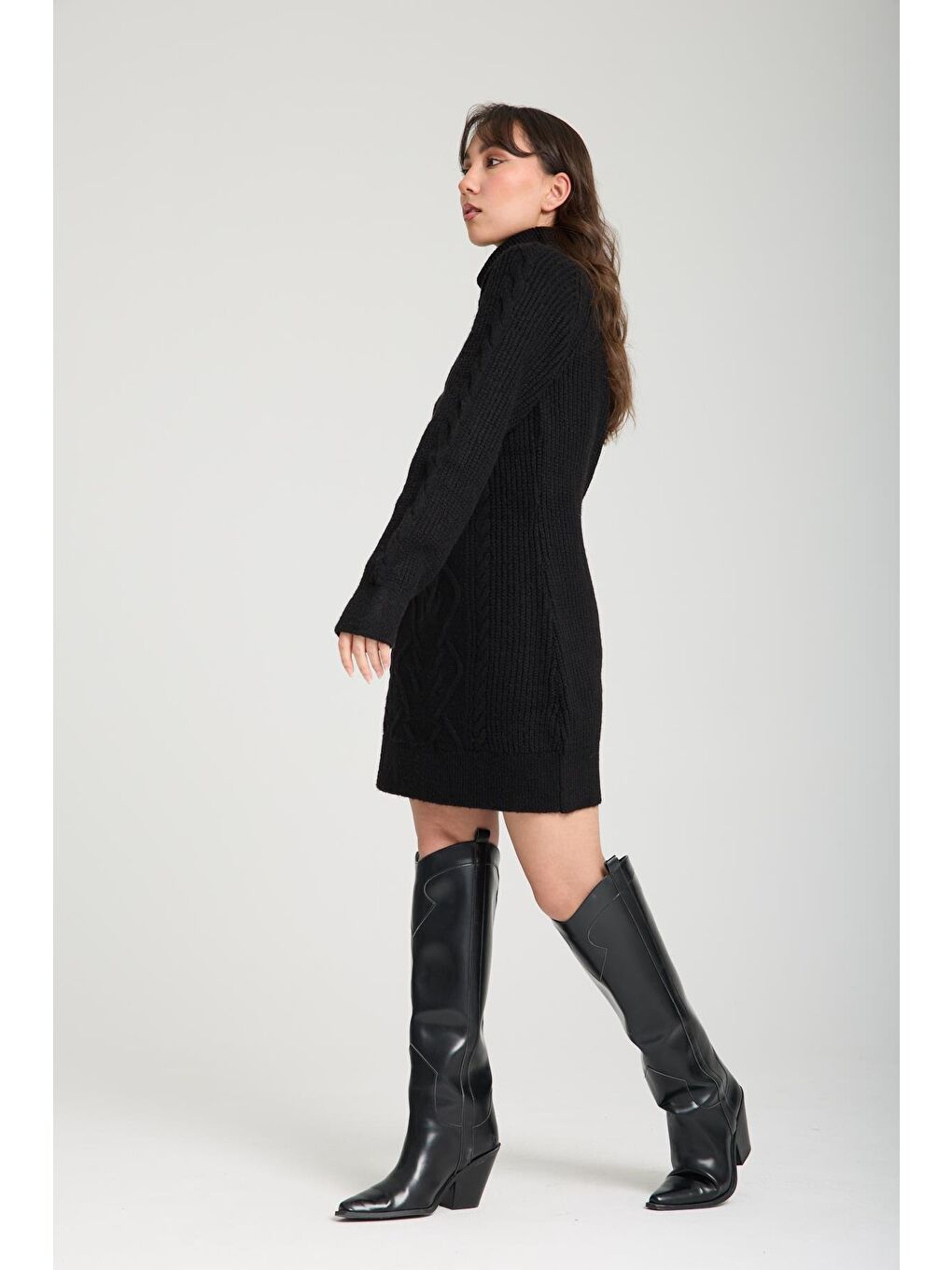 Siyah Balıkçı Yaka Triko Elbise-2