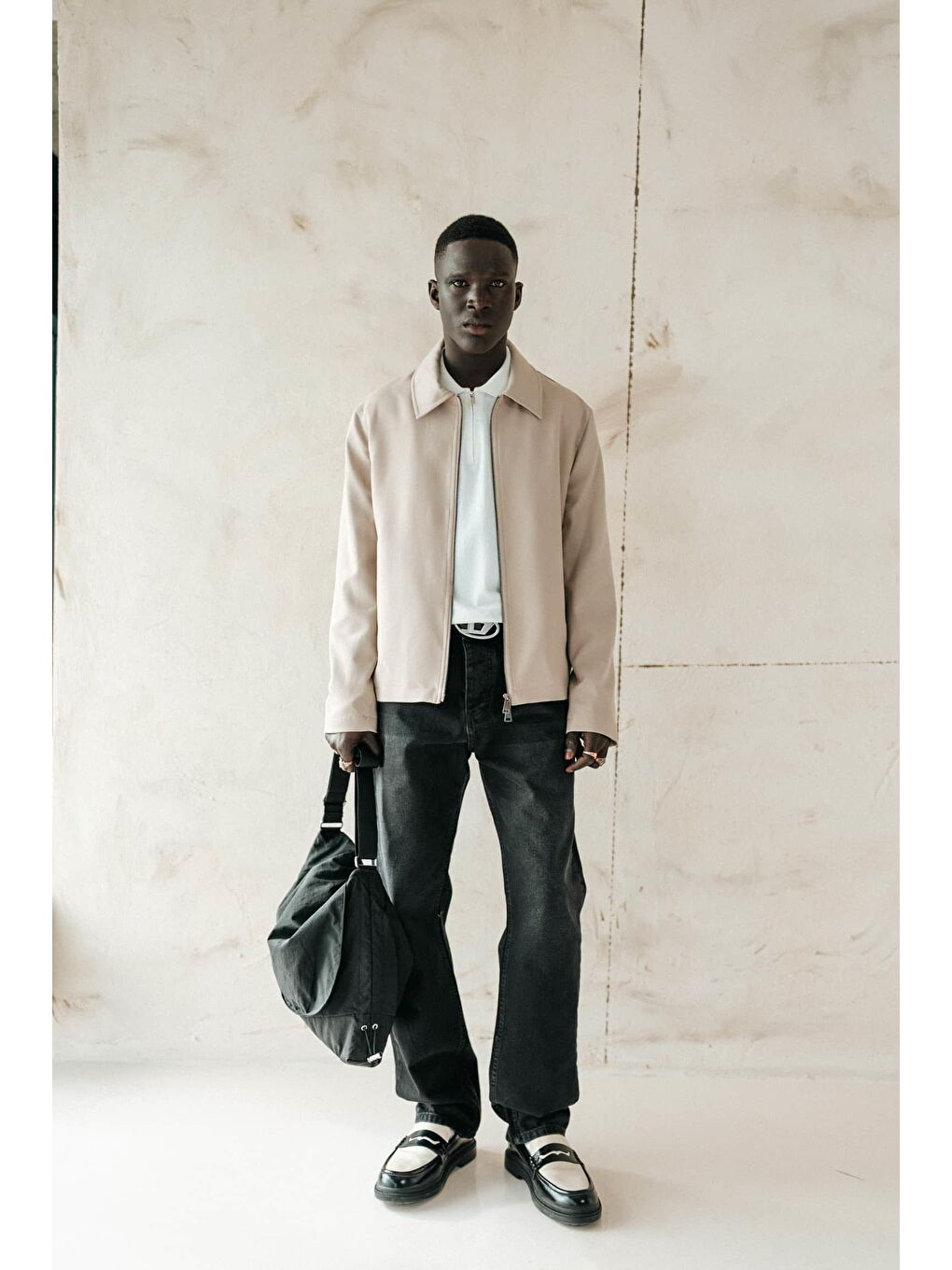 Erkek Relaxed Fit Fermuarlı İnce Yağlı Görünümlü Ceket Bej-5