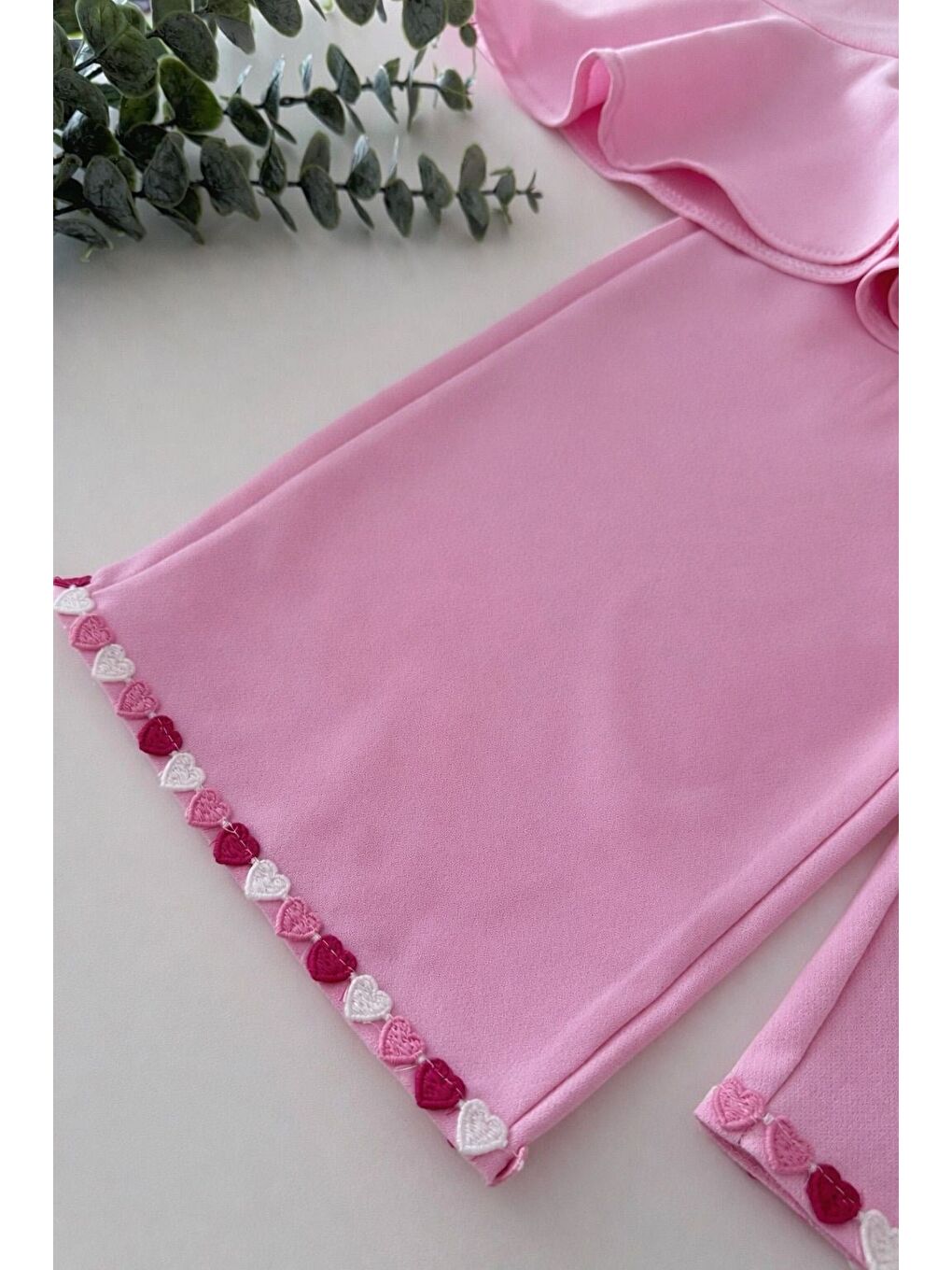 Kız Çocuk Pamuklu Pembe Kalp Detaylı Bluz Pantolon Takım-3