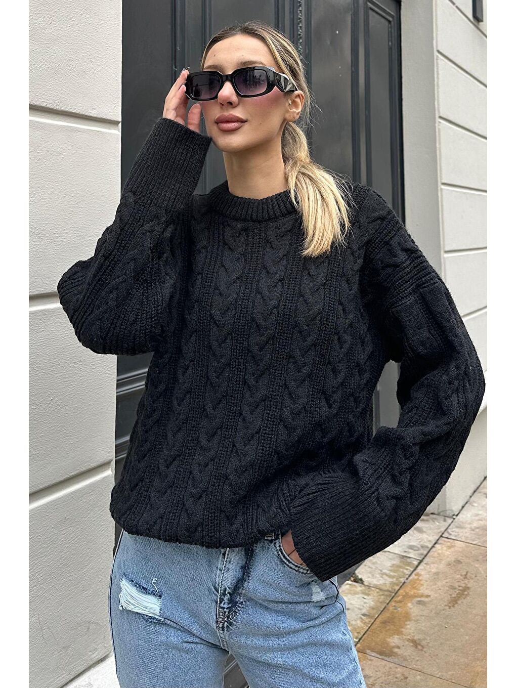 Siyah Bisiklet Yaka Oversize Triko Kazak Mg2009-2