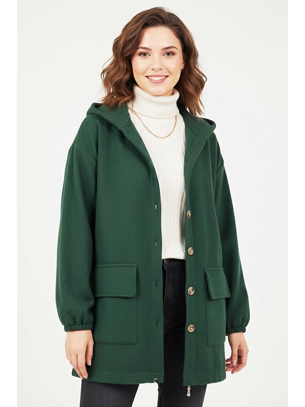 Yeşil Çift Cepli Bileği Lastikli Kaşe Mont Zumrut - 28034-ZUMRUT