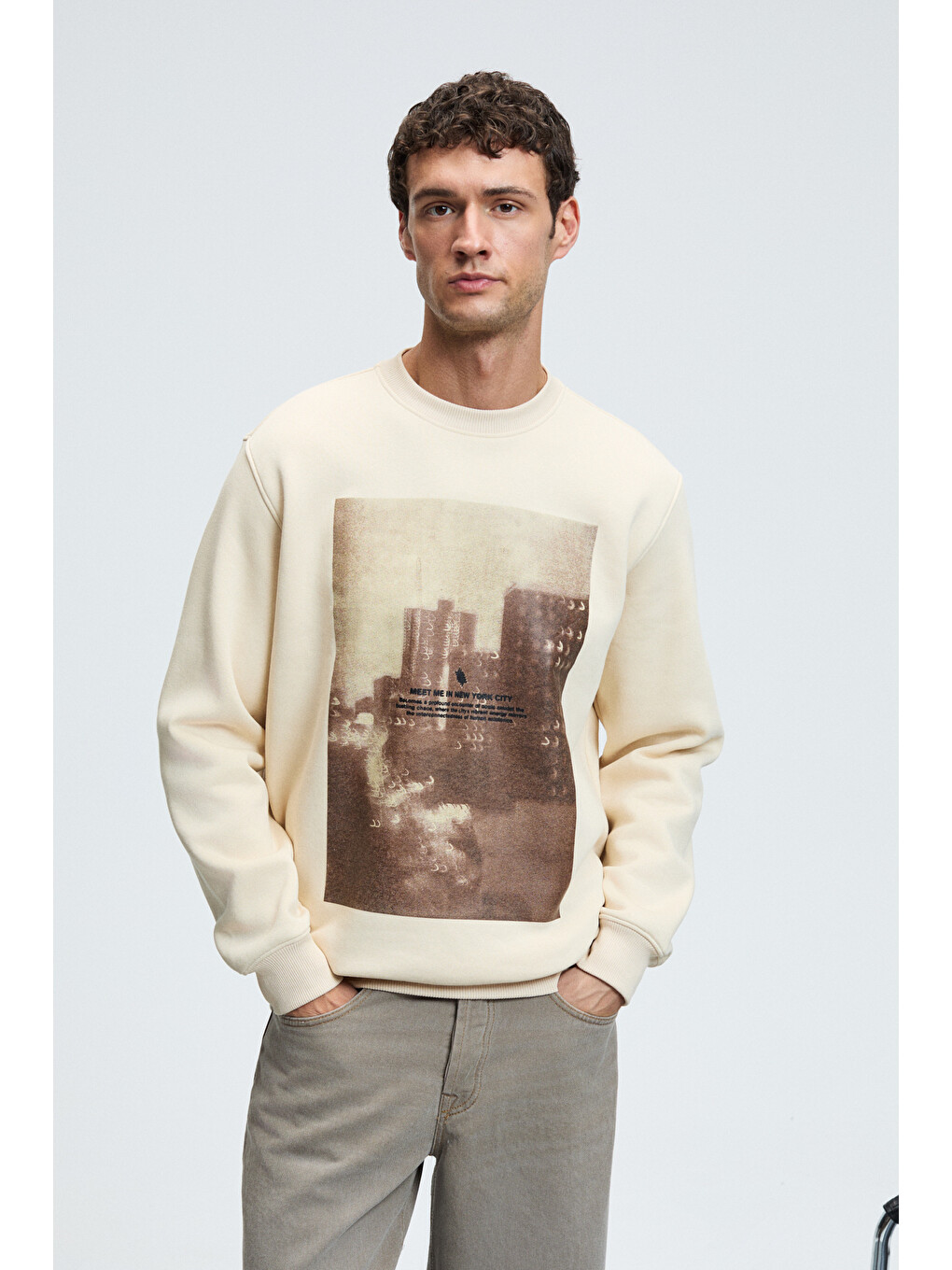 Alarıc Erkek Yuvarlak Yaka Önü Baskılı Regular Fit Ekru Sweatshirt-2