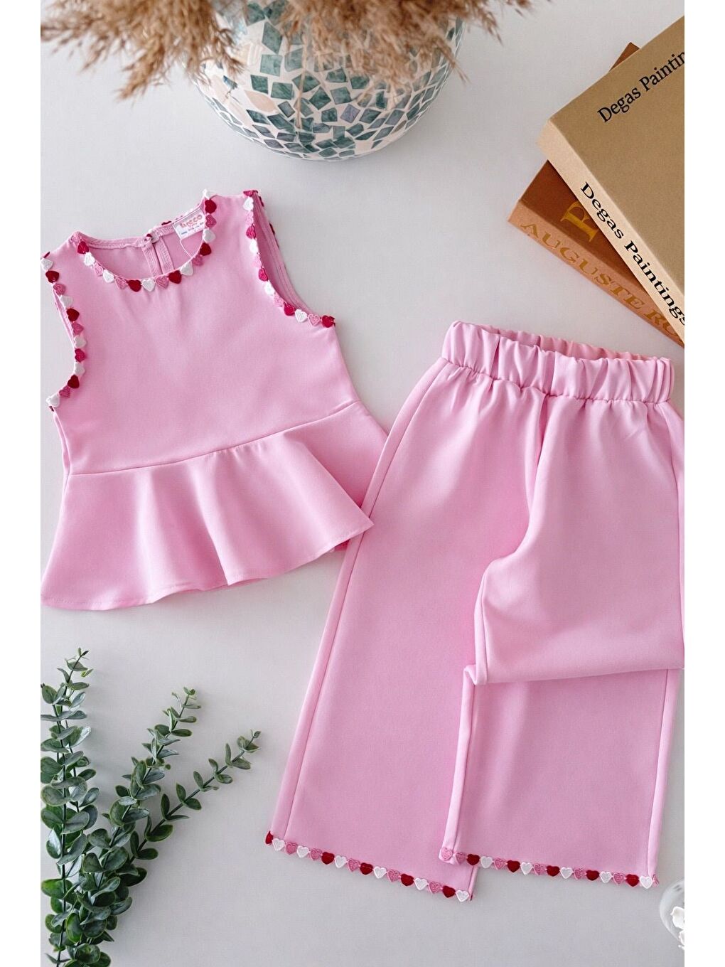 Kız Çocuk Pamuklu Pembe Kalp Detaylı Bluz Pantolon Takım-4