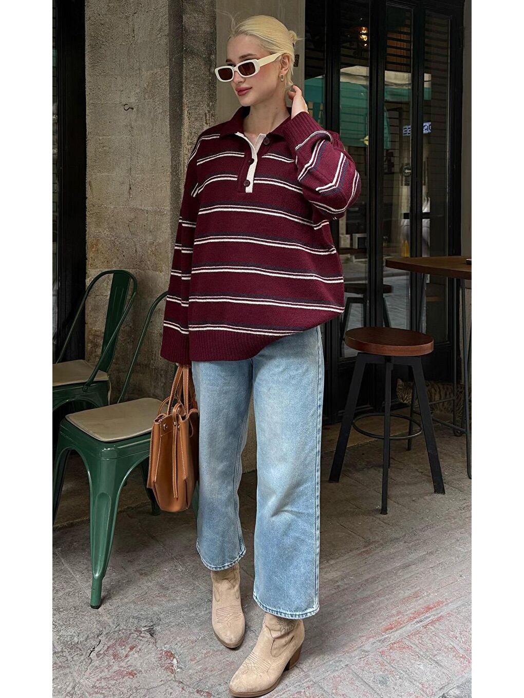 Bordo Çizgili Düğmeli Polo Yaka Kazak Mg2357-4