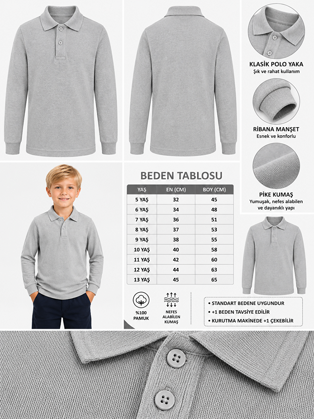 Gri Kids Polo Yaka Basic Uzun Kollu Unisex Erkek Çocuk Tişört-1