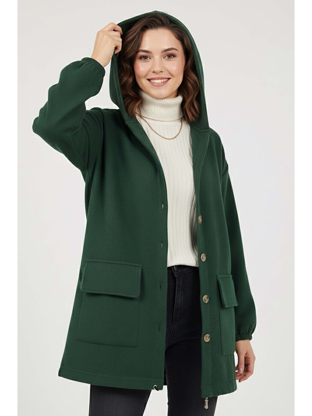 Yeşil Çift Cepli Bileği Lastikli Kaşe Mont Zumrut - 28034-ZUMRUT-1