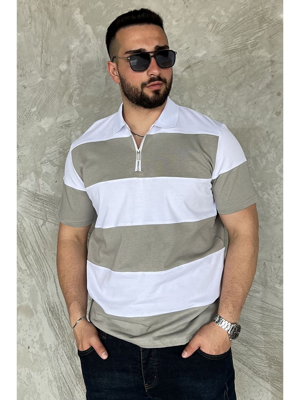 Beyaz Polo Yaka Yarım Fermuarlı Erkek Tişört