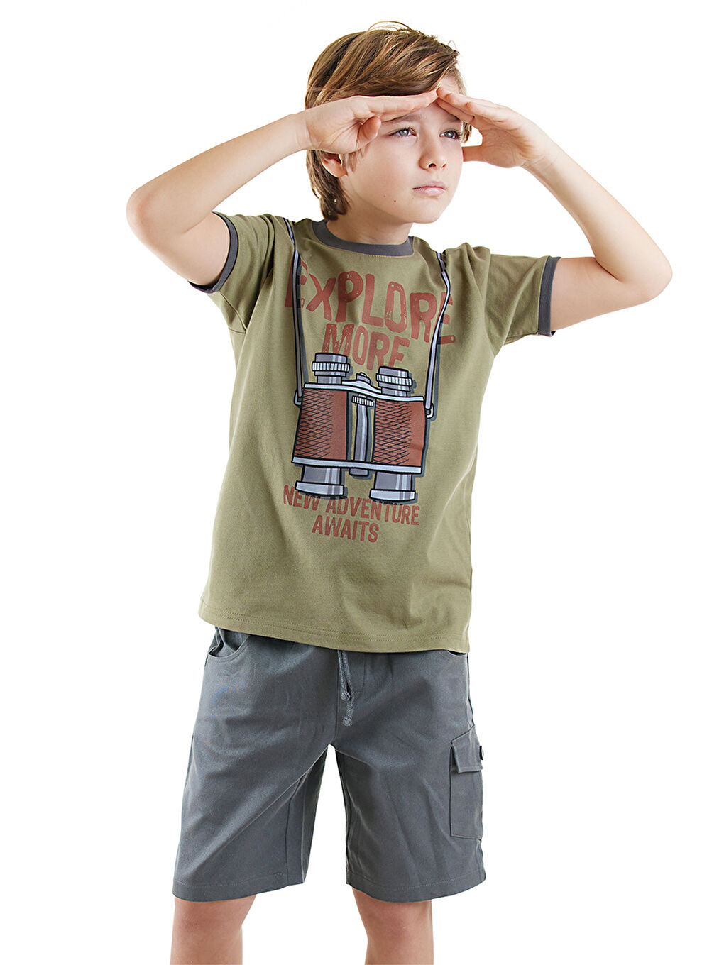 Denokids Haki Explore Erkek Çocuk Tişört Gabardin Şort Takım