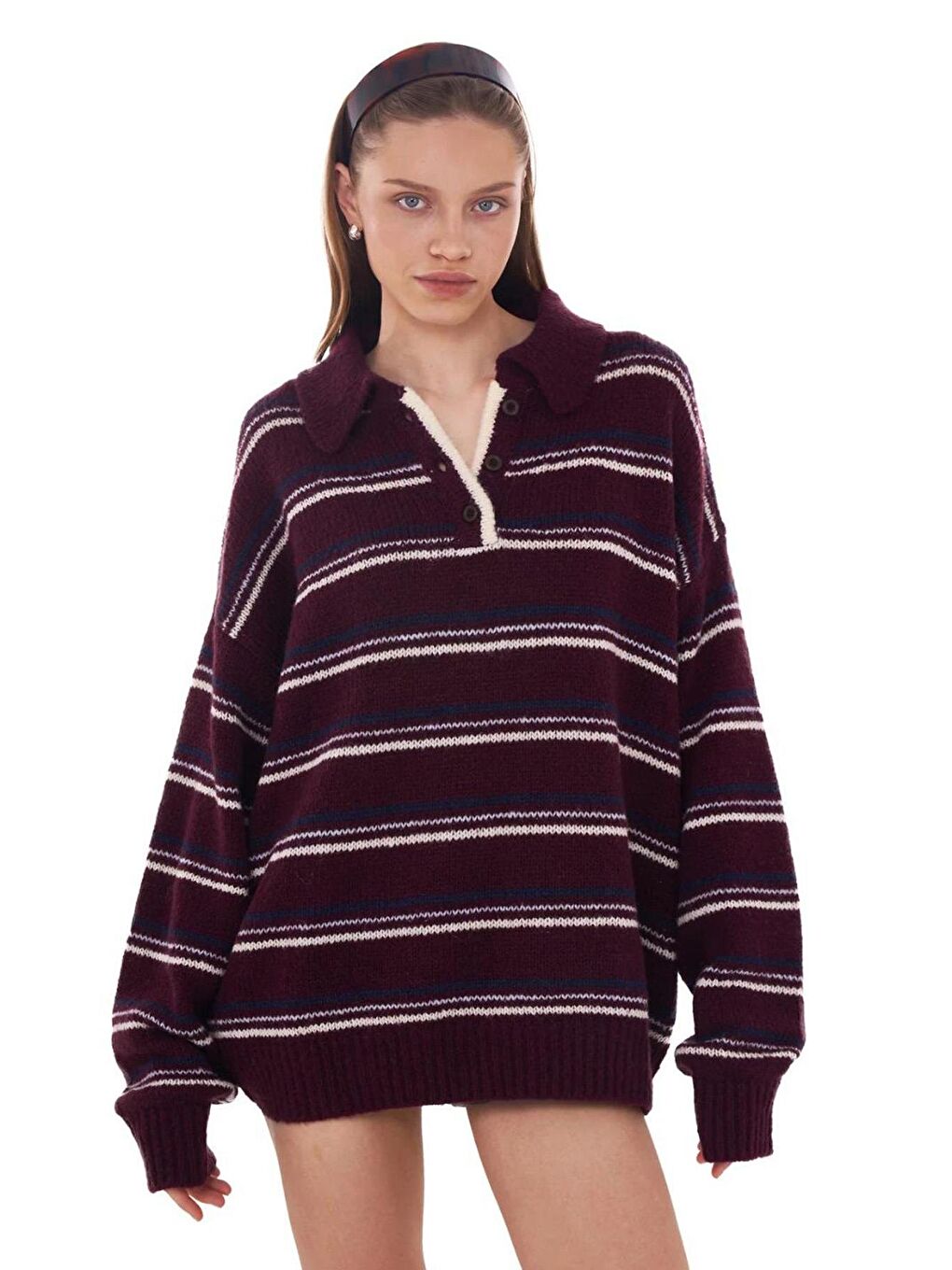 Bordo Çizgili Düğmeli Polo Yaka Kazak Mg2357-5