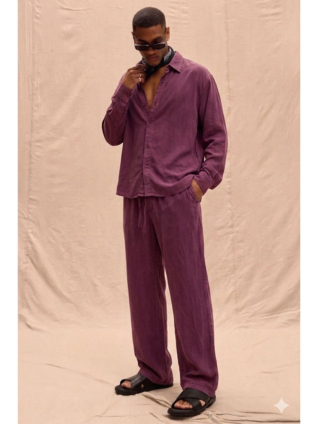 Bordo Erkek Haki Lyocell Kumaş Oversize Gömlek Pantolon Takım – Rahat Kesim Yazlık Kombin