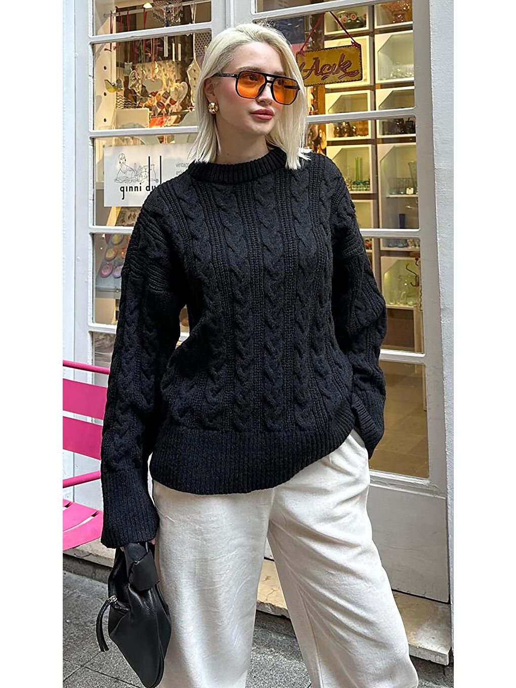 Siyah Bisiklet Yaka Oversize Triko Kazak Mg2009-3