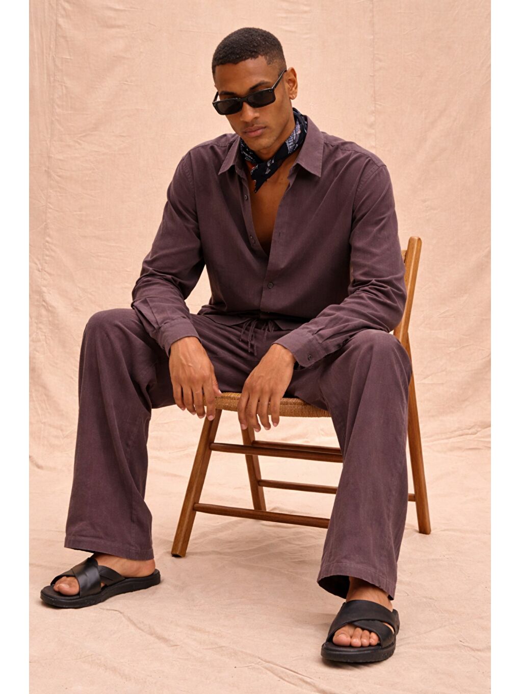 Bordo Erkek Haki Lyocell Kumaş Oversize Gömlek Pantolon Takım – Rahat Kesim Yazlık Kombin-1
