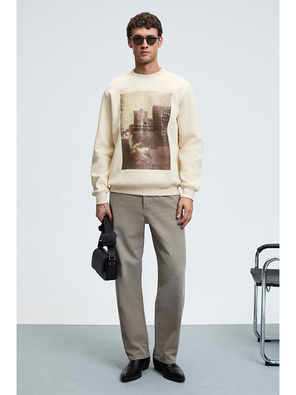 Alarıc Erkek Yuvarlak Yaka Önü Baskılı Regular Fit Ekru Sweatshirt-3