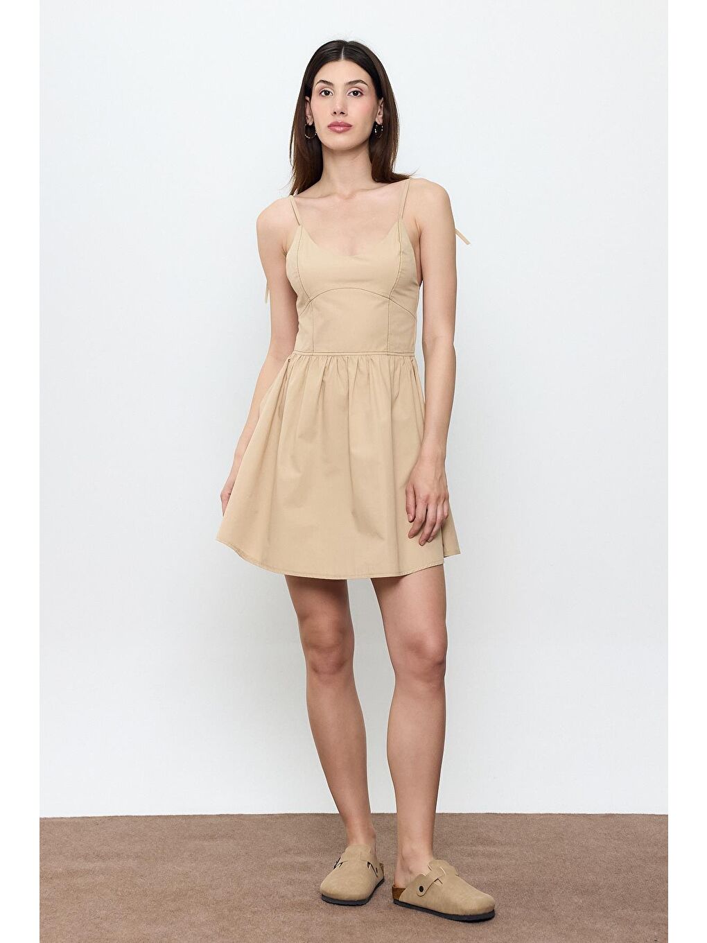 Bej %100 Pamuk Mini Elbise