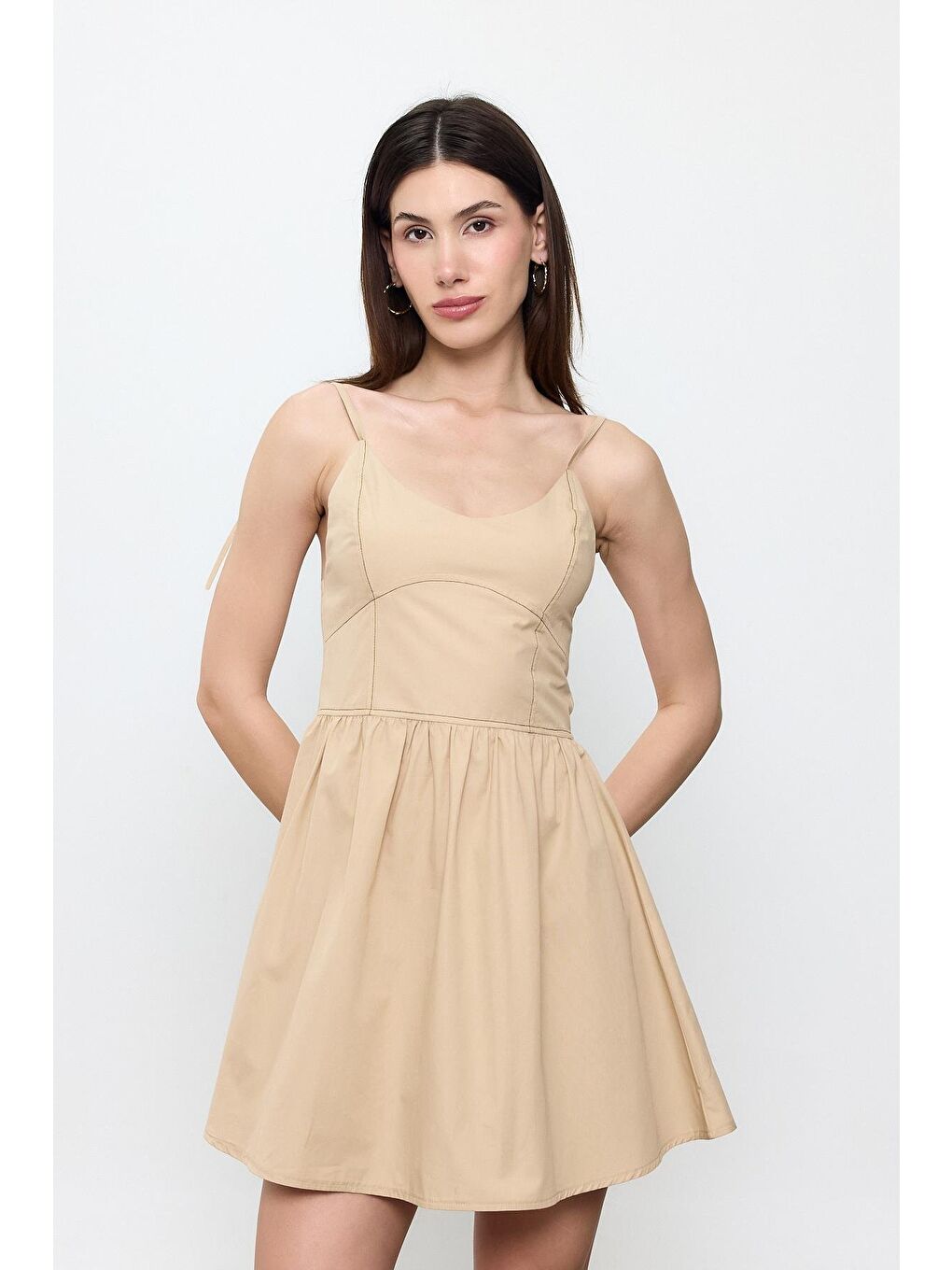 Bej %100 Pamuk Mini Elbise-1