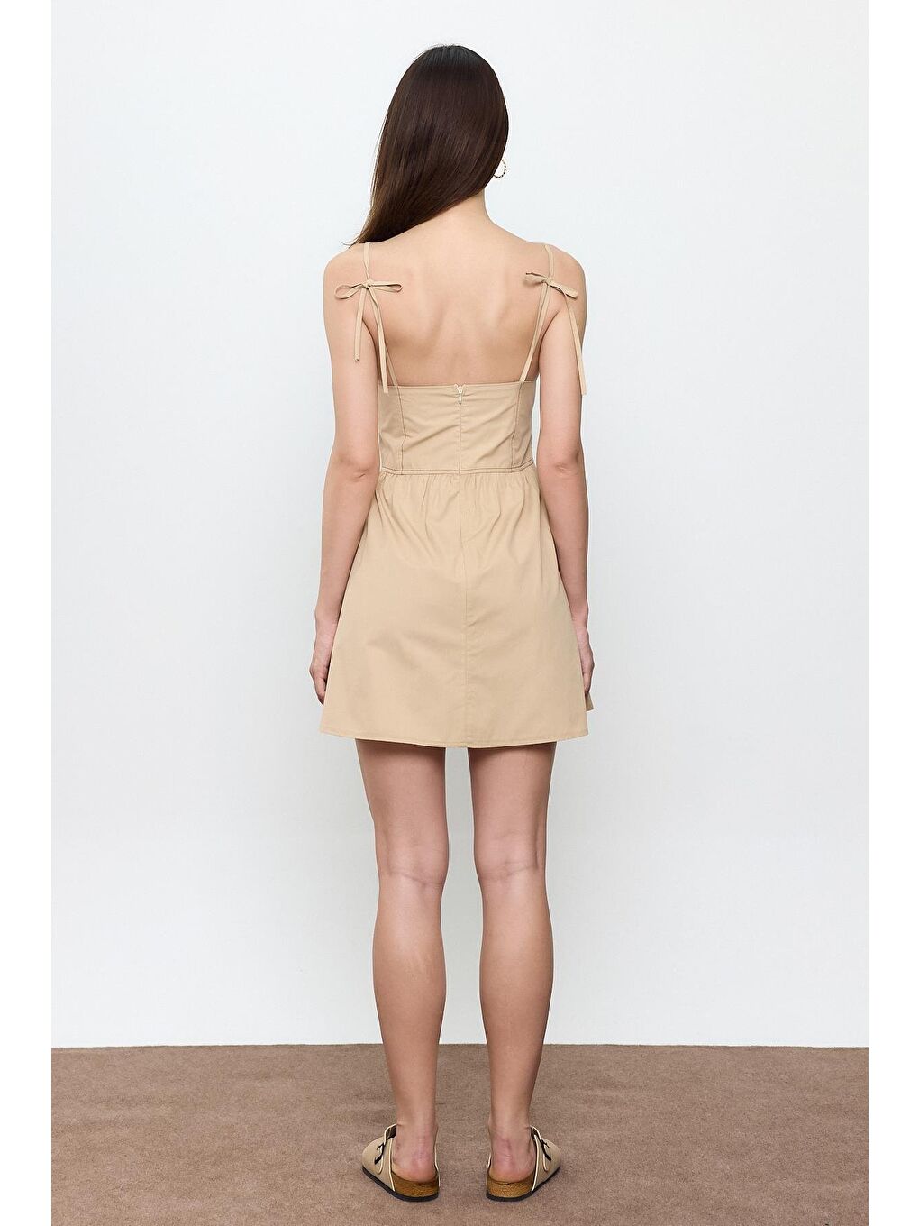Bej %100 Pamuk Mini Elbise-3