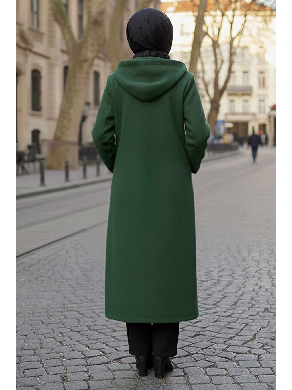 Yeşil Düğmeli Zincir Detaylı Kaşe Kaban Zumrut - 28040-ZUMRUT-2