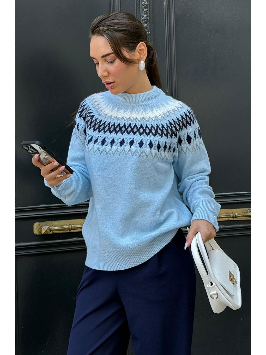 Mavi Bisiklet Yaka Desenli Kadın Triko Kazak Mg2502-3