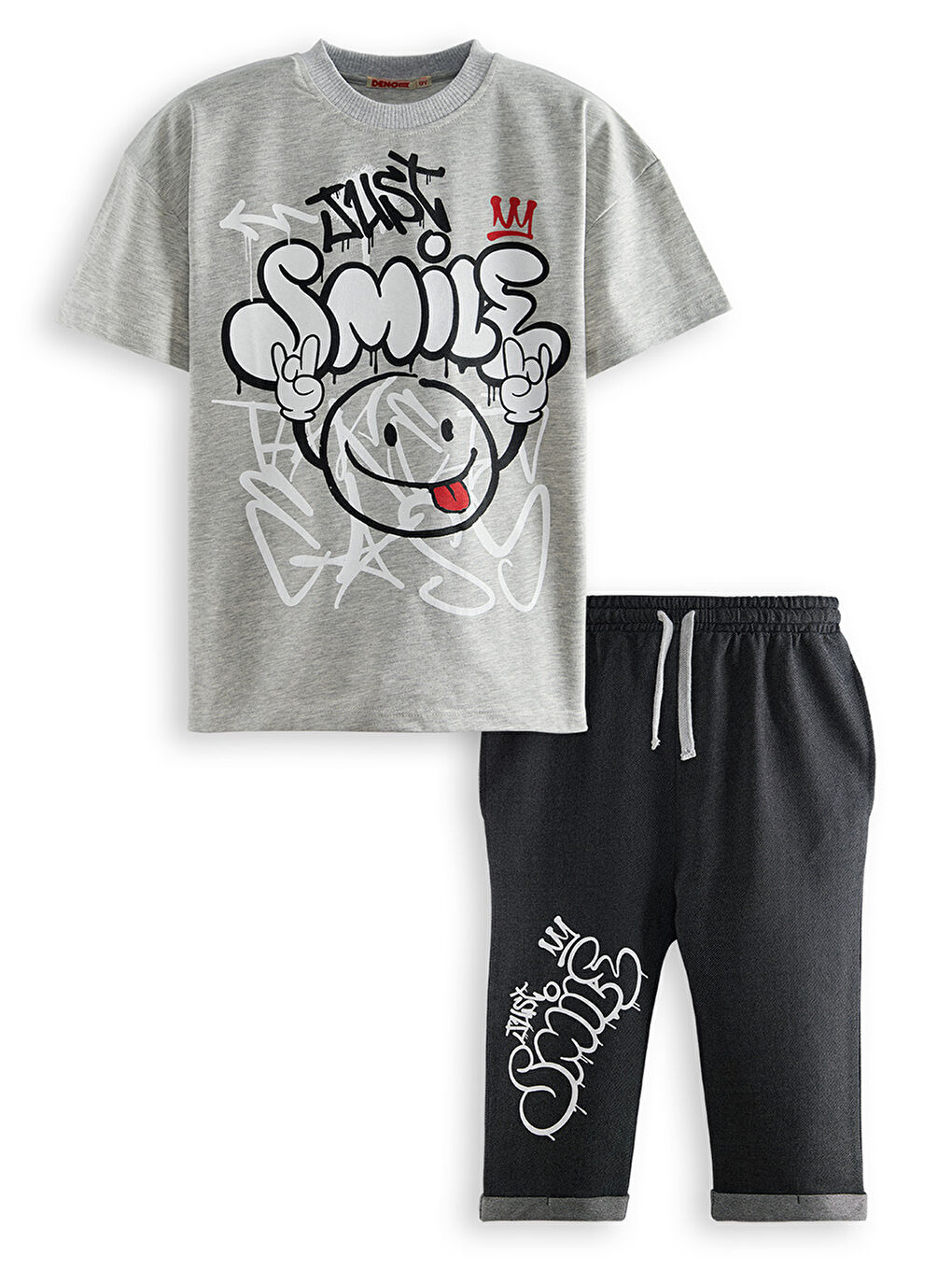Gri Just Smile Erkek Çocuk Tişört Kapri Şort Takım-2