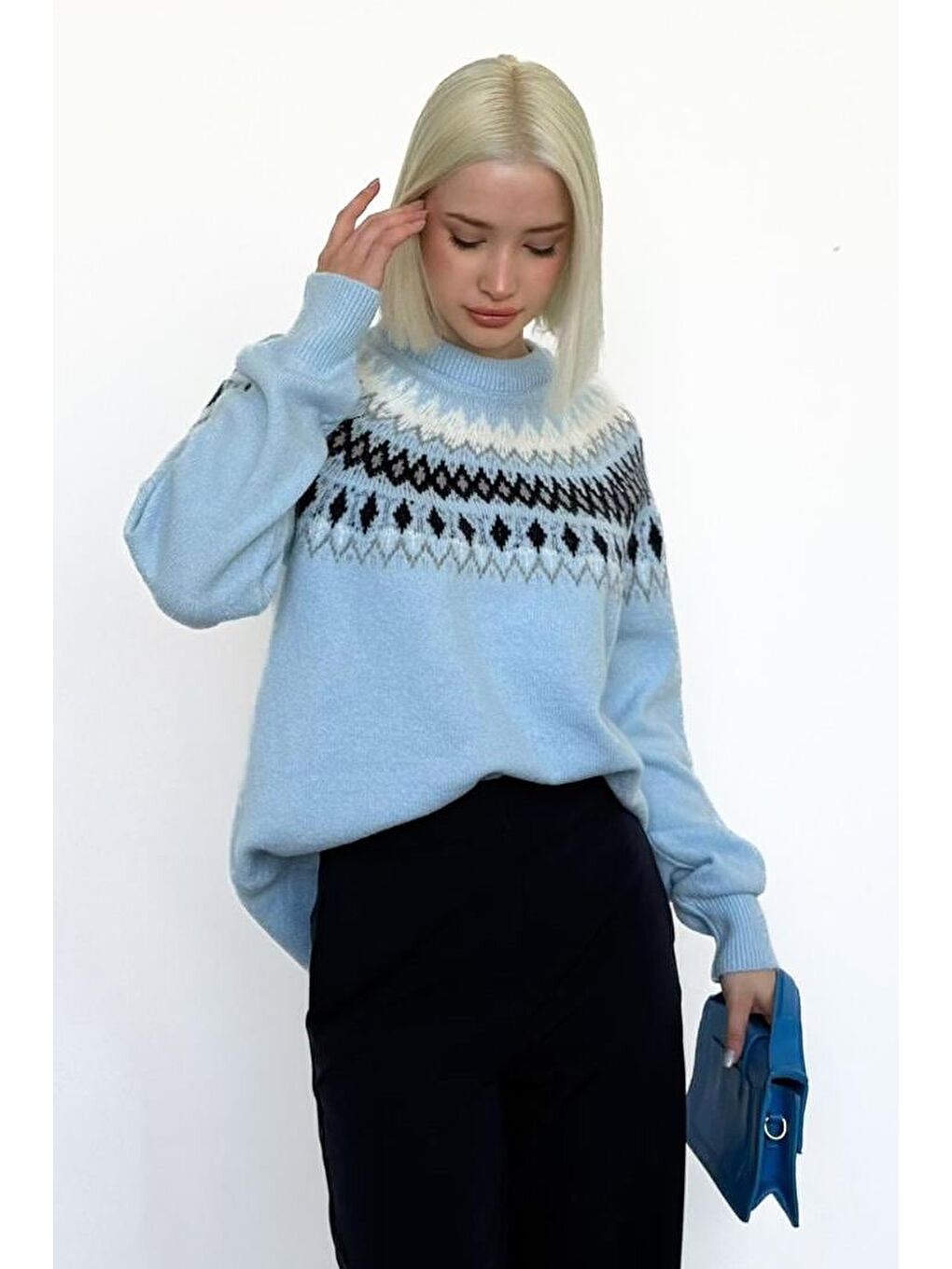 Mavi Bisiklet Yaka Desenli Kadın Triko Kazak Mg2502-4