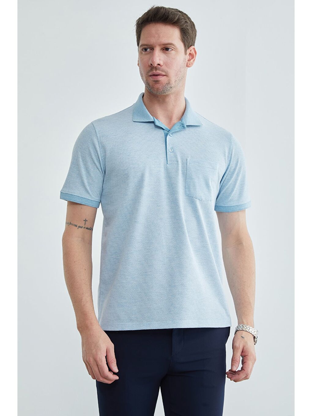 Mavi Petek Kumaş Düğmeli Polo Yaka Tişört-1