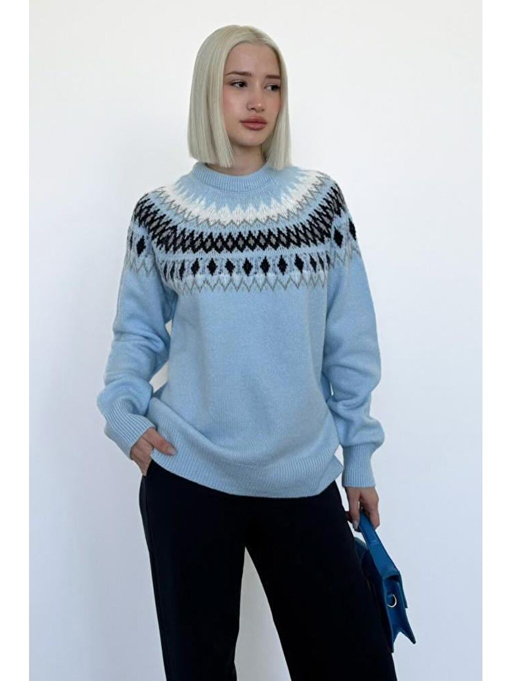 Mavi Bisiklet Yaka Desenli Kadın Triko Kazak Mg2502-5