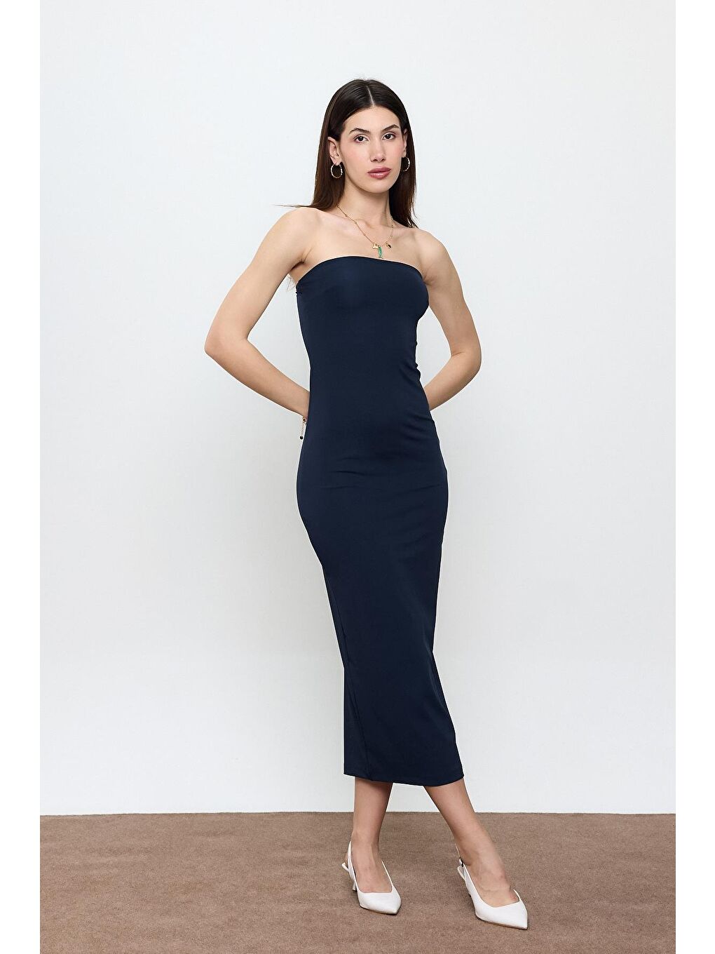 Lacivert Straplez Maxi Boy Elbise