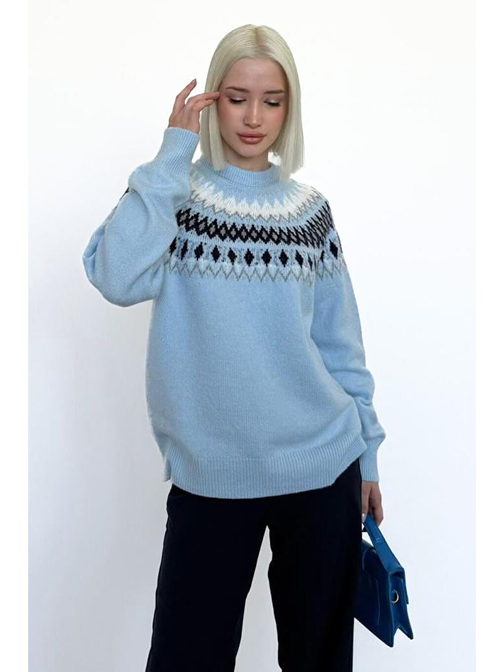 Mavi Bisiklet Yaka Desenli Kadın Triko Kazak Mg2502-6