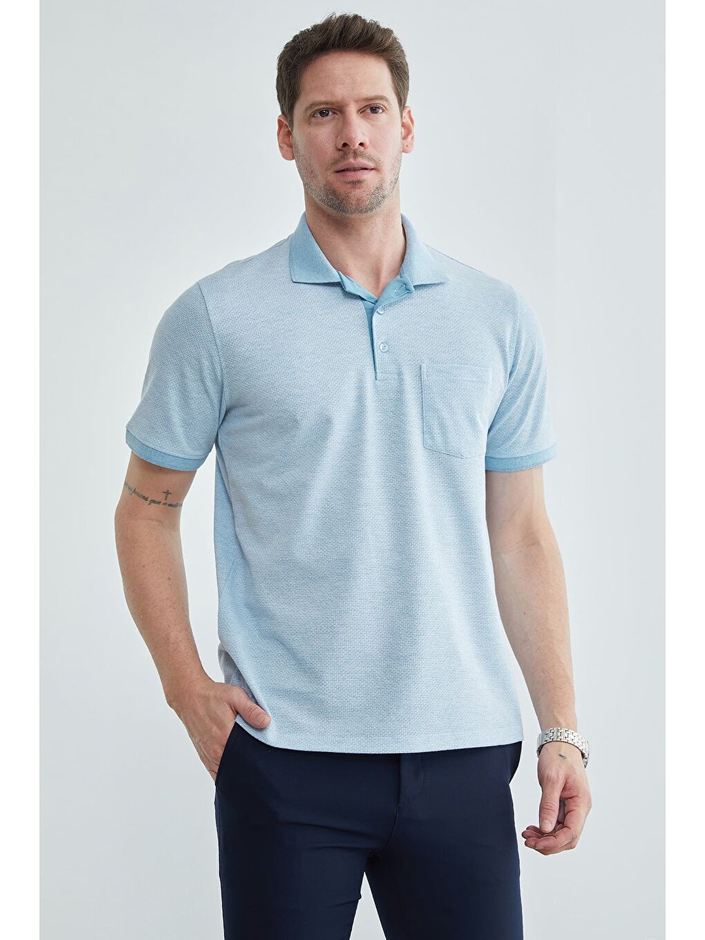 Mavi Petek Kumaş Düğmeli Polo Yaka Tişört-2