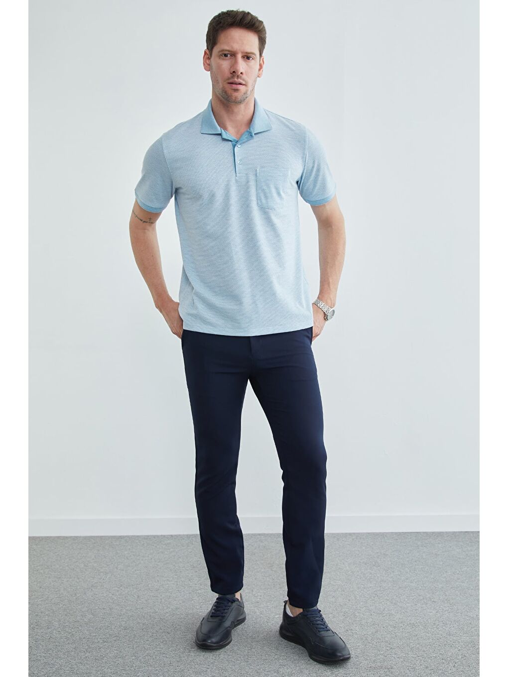 Mavi Petek Kumaş Düğmeli Polo Yaka Tişört-3