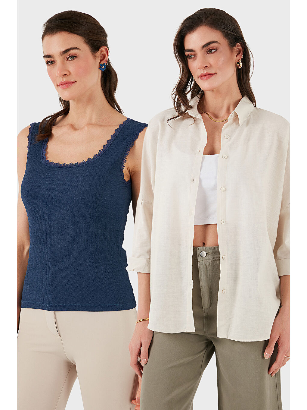 Bej Streç Pamuklu Oversize Fit 2' li Paket Gömlek-Atlet Set 67810014979S2