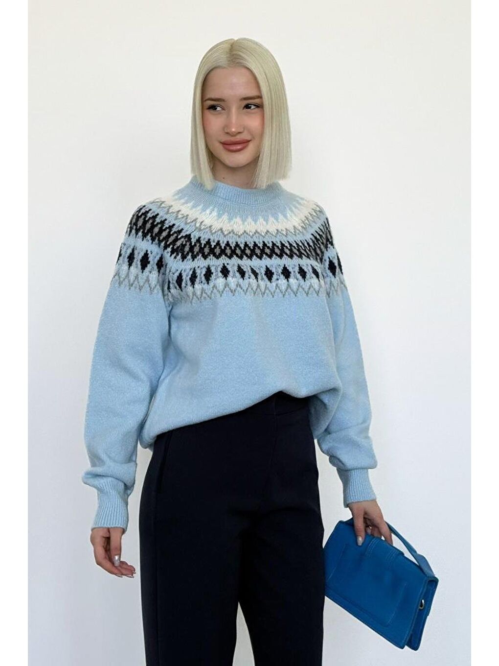 Mavi Bisiklet Yaka Desenli Kadın Triko Kazak Mg2502-8
