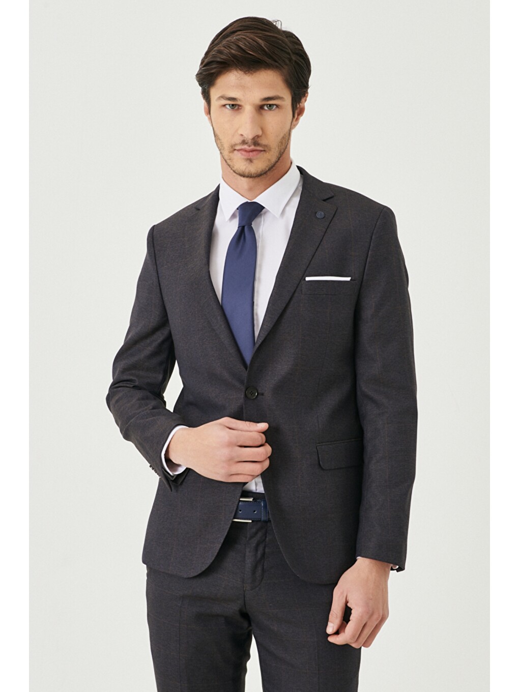Erkek Kahverengi Slim Fit Kareli Takım Elbise