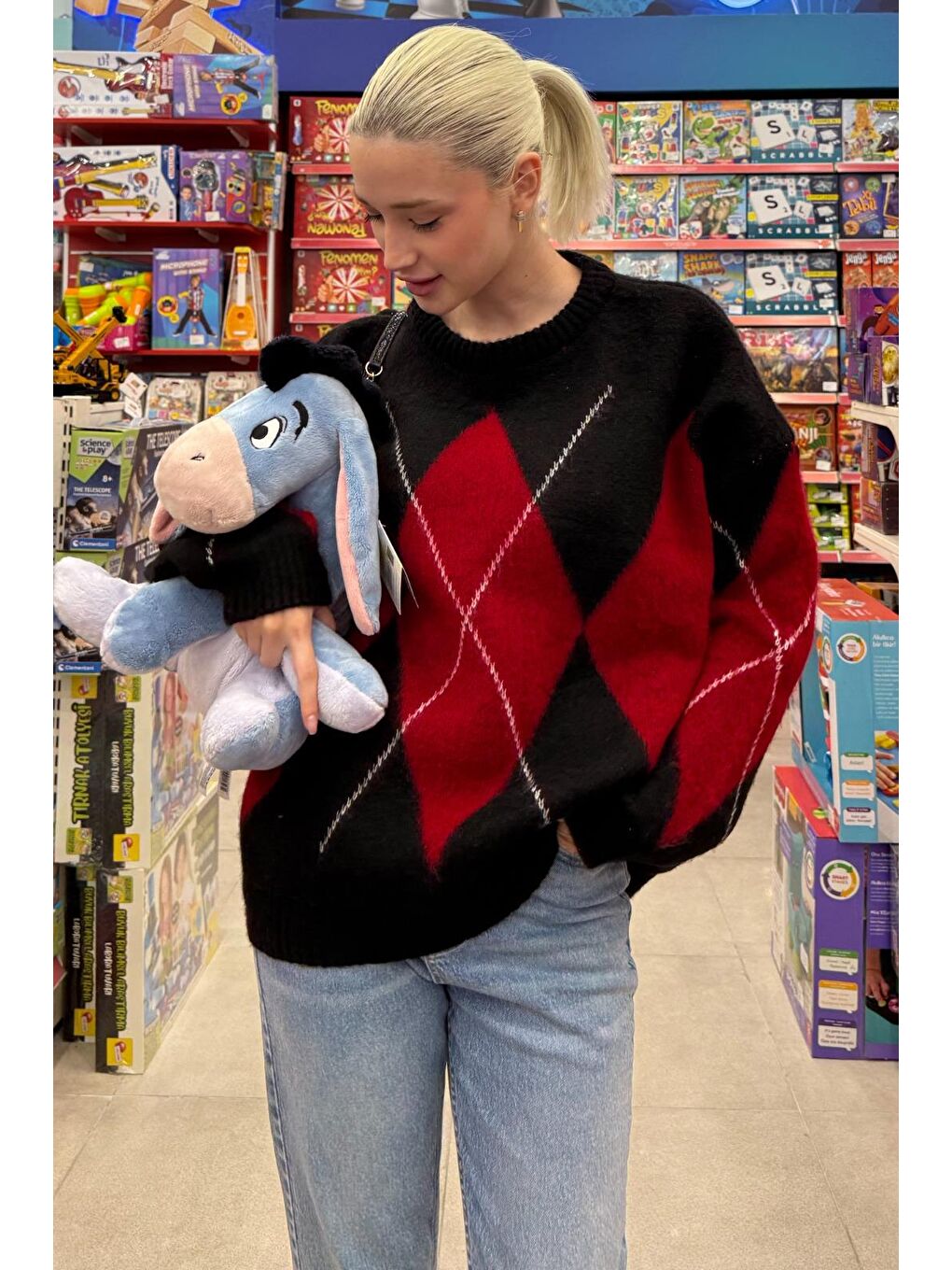 Siyah Bisiklet Yaka Baklava Desen Kadın Kazak Mg2471