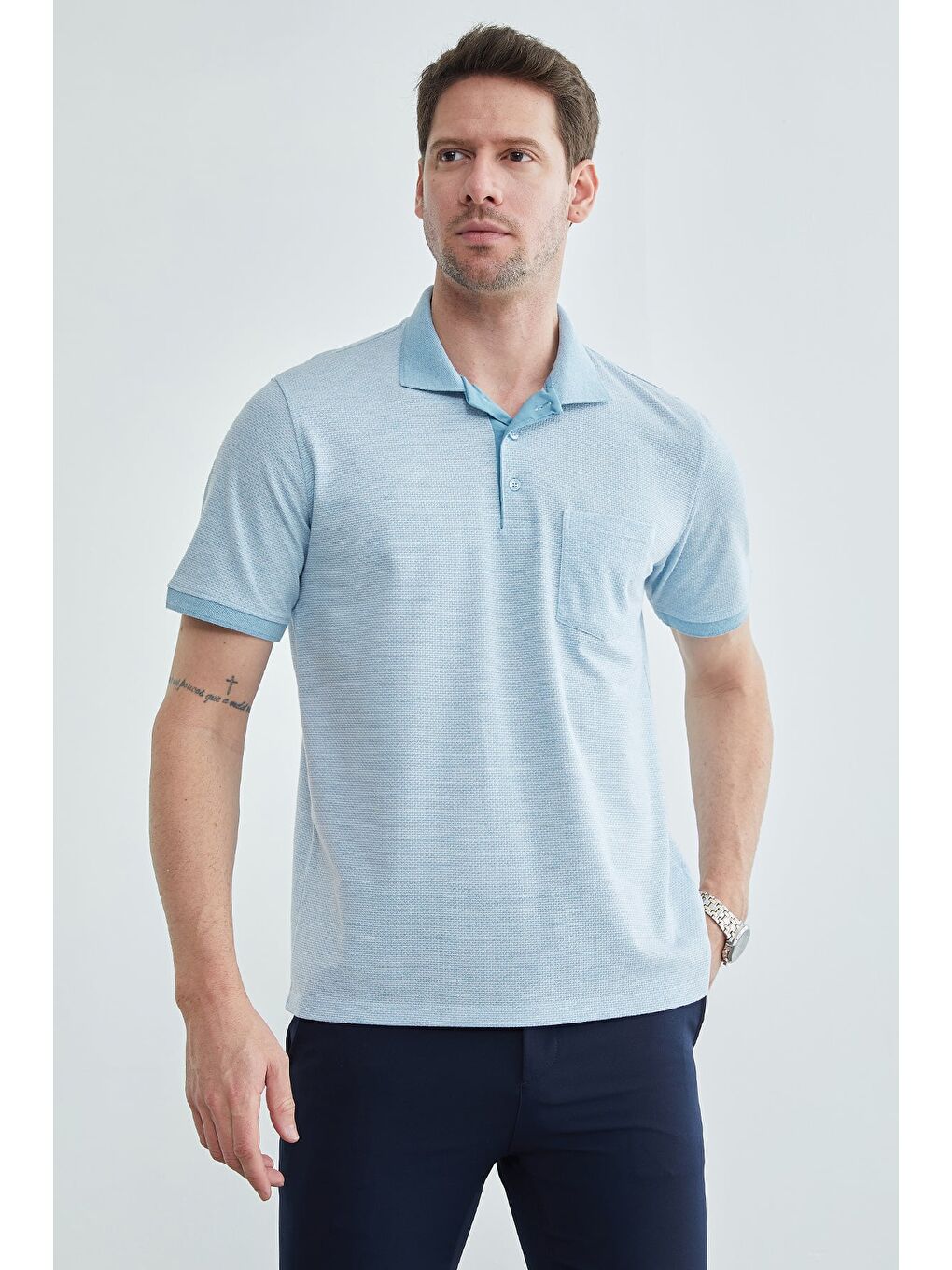 Mavi Petek Kumaş Düğmeli Polo Yaka Tişört-4