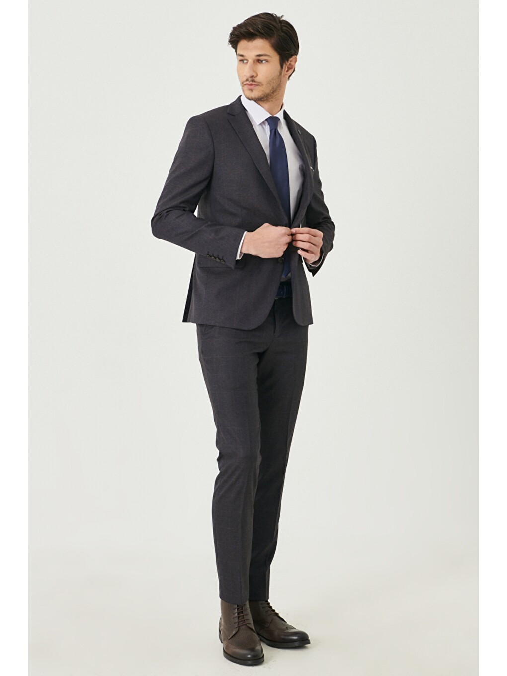Erkek Kahverengi Slim Fit Kareli Takım Elbise-1