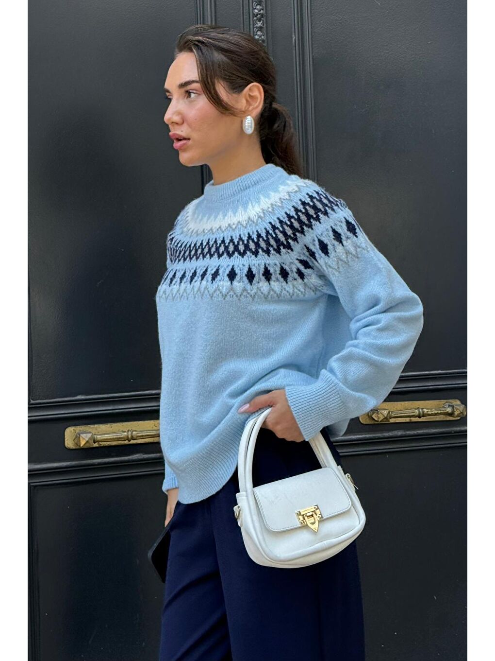 Mavi Bisiklet Yaka Desenli Kadın Triko Kazak Mg2502-11